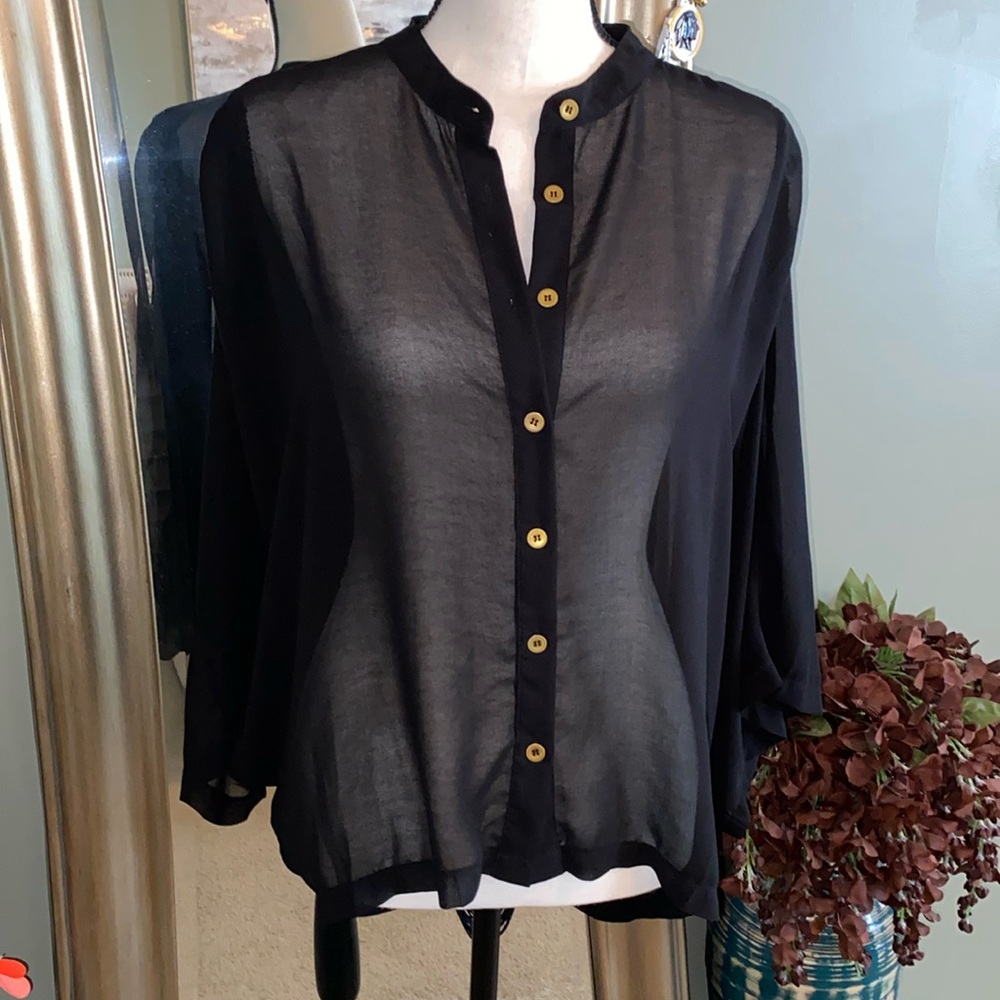 NWOT Miroa Woman’s fringed back sheer blouse. Size L, color black
